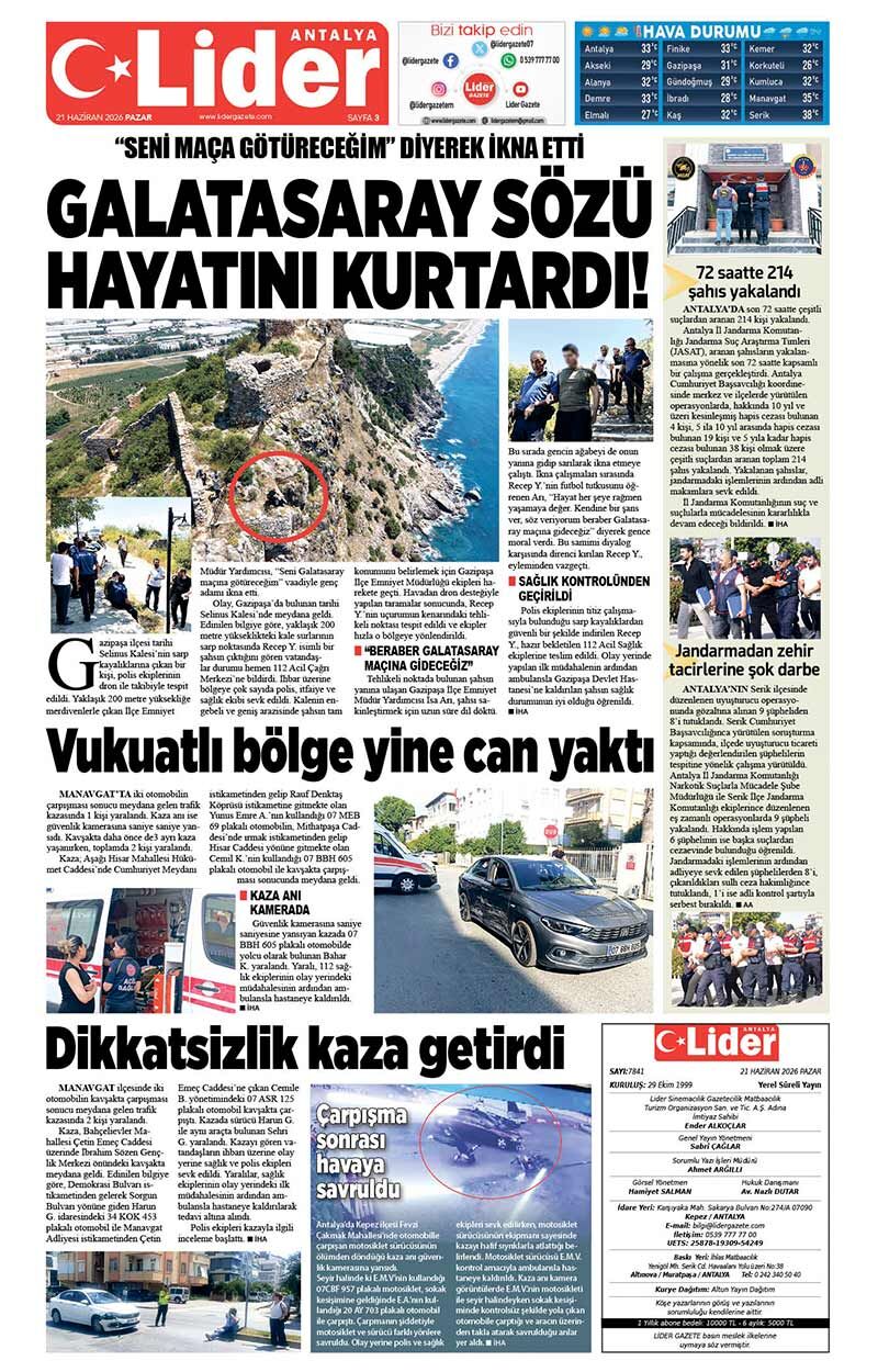 21 H A Z İ R A N 2026 L İ D E R G A Z E T E A N T A L Y A 3