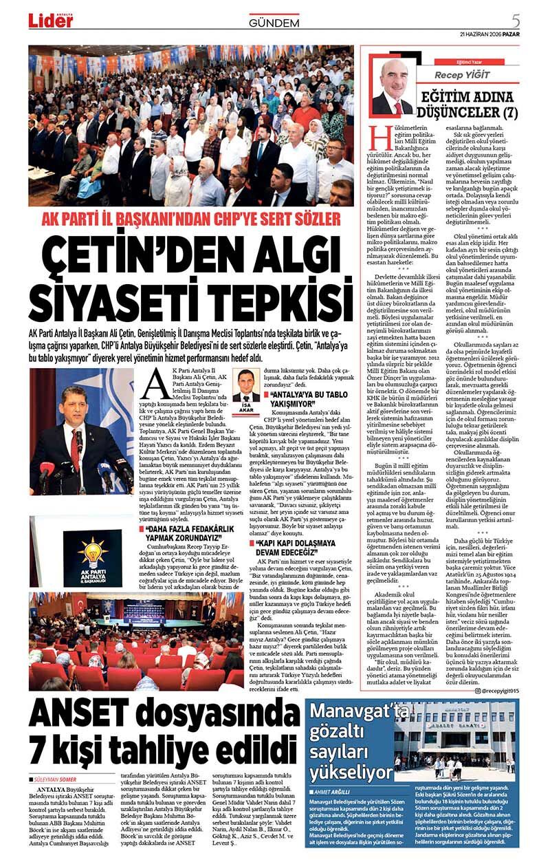 21 H A Z İ R A N 2026 L İ D E R G A Z E T E A N T A L Y A 5