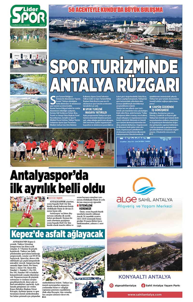 3 H A Z İ R A N 2026 L İ D E R G A Z E T E A N T A L Y A 8 ,