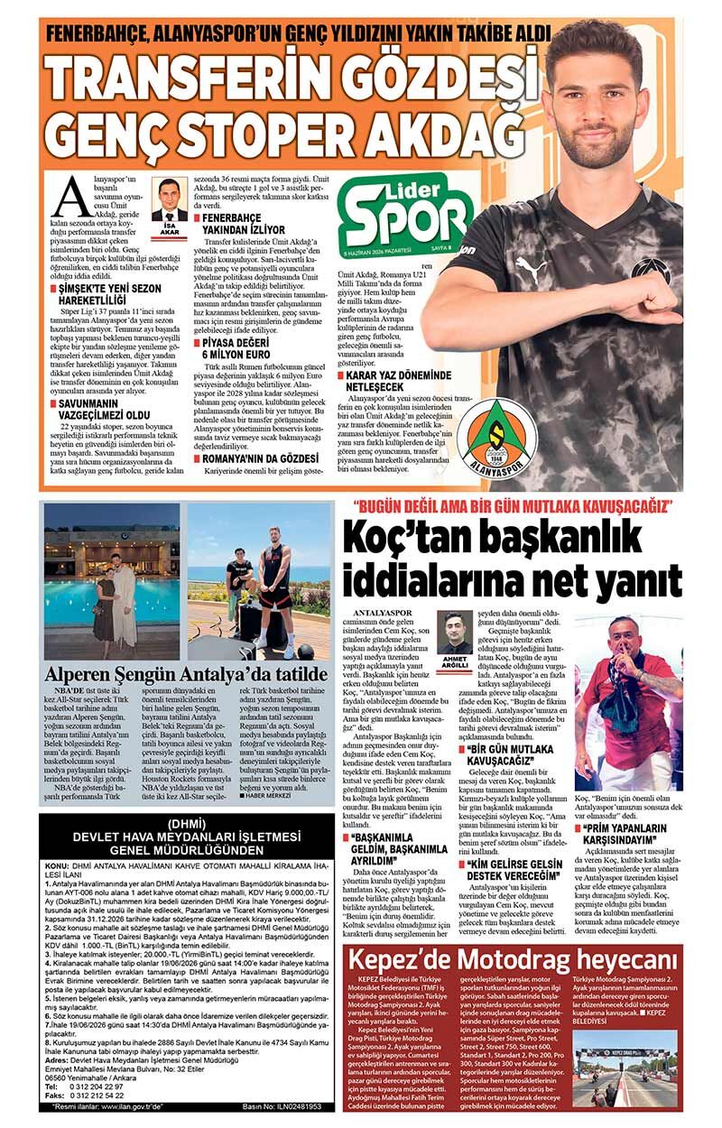 8 H A Z İ R A N 2026 L İ D E R G A Z E T E A N T A L Y A 8