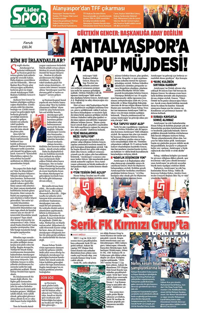 9 H A Z İ R A N 2026 L İ D E R G A Z E T E A N T A L Y A 8